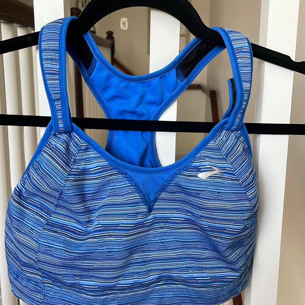 Brooks running bra. Blue, size 36D. Adjustable Velcro straps. Back closure